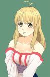  antenna_hair arc_the_lad arc_the_lad_ii bangs bare_shoulders blonde_hair breasts brown_eyes cleavage collarbone commentary_request dress green_background hosshi_(nariagari) lieza light_smile lips long_hair looking_at_viewer medium_breasts parted_lips sidelocks simple_background solo upper_body v_arms white_dress 