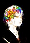  black_background closed_mouth colorful commentary_request highres hiranko original pale_skin short_hair simple_background solo stained_glass upper_body yellow_eyes 