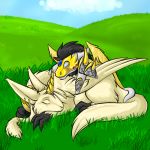  2010 amocin anthro armor clothed clothing digital_media_(artwork) dragon duo etalcon grass hair horn jewelry male meadow paladin simple_background sleeping sven_(amocin) teripets wings 