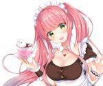  apron bangs blush breasts cleavage cup eyebrows_visible_through_hair floating_hair frilled_apron frills gomano_rio green_eyes hair_between_eyes head_tilt heart heart_necklace heart_print holding holding_cup holding_saucer jewelry long_hair looking_at_viewer maid maid_apron maid_headdress multicolored multicolored_eyes necklace open_mouth original ponytail puffy_short_sleeves puffy_sleeves saucer shiny shiny_hair short_sleeves simple_background smile solo teacup upper_body very_long_hair white_background yellow_eyes 