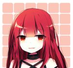  collarbone crimson_avenger_(elsword) elesis_(elsword) elsword eyebrows_visible_through_hair hair_between_eyes long_hair looking_at_viewer luruko61 open_mouth red_eyes red_hair simple_background smile tile_background 