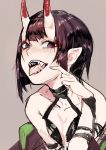  bob_cut eyeliner eyeshadow fangs fate/grand_order fate_(series) grin highres hiranko horns looking_at_viewer makeup oni oni_horns open_mouth pointy_ears purple_eyes purple_hair revealing_clothes sharp_teeth short_hair shuten_douji_(fate/grand_order) smile solo teeth tongue tongue_out 