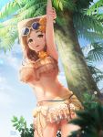  :d armpits arms_up artist_name bikini blue_sky blurry blurry_foreground blush brown-framed_eyewear brown_bikini brown_eyes brown_hair cloud commentary_request day depth_of_field dutch_angle eyewear_on_head flower hair_flower hair_ornament handler_(monster_hunter_world) long_hair looking_at_viewer monster_hunter monster_hunter:_world navel open_mouth orange_flower outdoors palm_tree round_eyewear runamochi signature sky smile solo summer sunglasses swimsuit tree 