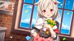  1girl ame. armband artist_self-reference azur_lane black_shirt blue_sky blush bow brick_wall cake cape cleveland_(azur_lane) cloud commentary_request confetti day flower food grey_hair hair_ornament hairclip happy_birthday head_tilt heart horizon indoors long_hair long_sleeves montpelier_(azur_lane) ocean open_mouth photo_(object) picture_frame red_bow red_eyes shirt sky solo tulip upper_body water white_cape yellow_flower yellow_tulip 