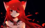  animal_ears closed_mouth elsword eve_(elsword) eyebrows_visible_through_hair eyepatch facial_mark fox_ears long_hair luruko61 petals red_eyes red_hair simple_background 