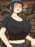  1girl black_shirt blue_hair blush breasts breath censored cleavage clothed_female_nude_male embarrassed erect_nipples group_sex highres huge_breasts hyuuga_hinata looking_at_viewer midriff mosaic_censoring naruto naruto_(series) no_eyes nude open_mouth penis shirt short_hair standing uohaman upper_body white_eyes 