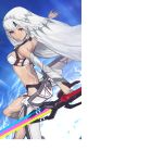  altera_(fate) bangs bare_shoulders blue_background breasts choker closed_mouth commentary dark_skin detached_sleeves fate/grand_order fate_(series) feet_out_of_frame full_body_tattoo head_tilt headdress holding holding_weapon huke midriff official_art photon_ray red_eyes revealing_clothes short_hair showgirl_skirt skirt small_breasts smile sword tan tattoo thighs veil weapon white_skirt 