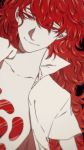  androgynous colored_eyelashes eyes_visible_through_hair gem highres hikurage_(hikurage10) houseki_no_kuni long_hair looking_at_viewer open_clothes open_shirt padparadscha_(houseki_no_kuni) red_eyes red_hair smile solo upper_body wavy_hair 