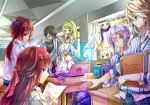  5girls add_(elsword) aisha_(elsword) alternate_costume ara_han artist_name black_hair black_shirt blade_master_(elsword) blonde_hair book brown_hair casual chalkboard chung_seiker classroom closed_mouth code:_empress_(elsword) computer curtains dated day diabolic_esper_(elsword) elesis_(elsword) elsword elsword_(character) eve_(elsword) facial_mark forehead_jewel grand_master_(elsword) green_eyes green_hair hair_ribbon holding holding_book holding_paper holographic_touchscreen indoors iron_paladin_(elsword) jacket laptop long_hair looking_at_another low_ponytail multicolored_hair multiple_boys multiple_girls necktie notebook open_clothes open_jacket paper parted_lips plaid ponytail profile raven_(elsword) red_eyes red_hair red_ribbon rena_(elsword) ribbon rune_slayer_(elsword) sakra_devanam_(elsword) scar shirt short_hair short_sleeves side_ponytail sidelocks signature silver_hair sitting standing streaked_hair symbol table twintails upside-down very_long_hair vilor void_princess_(elsword) white_hair white_jacket white_shirt wind_sneaker_(elsword) window yellow_eyes 