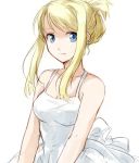  arms_at_sides bangs bare_arms bare_shoulders blonde_hair blue_eyes breasts close-up dress expressionless fullmetal_alchemist looking_away lowres riru simple_background sleeveless sleeveless_dress solo tied_hair upper_body white_background white_dress winry_rockbell 