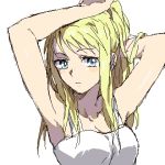  armpits arms_up bangs bare_arms blonde_hair blue_eyes breasts close-up earrings expressionless eyebrows_visible_through_hair fullmetal_alchemist jewelry long_hair looking_away lowres riru shirt simple_background sleeveless sleeveless_shirt solo upper_body white_background white_shirt winry_rockbell 