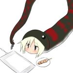  bangs black_eyes blush closed_mouth drawing_tablet eyebrows_visible_through_hair food hair_between_eyes holding holding_stylus lying on_stomach original plate prehensile_tail simple_background skewer snake_costume solo stylus tablet tail white_background yakihebi 
