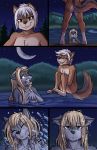  2019 anthro bathing bedroom_eyes between_legs black_nose blonde_hair blue_eyes blush breasts brown_fur butt camp_pines canid canine canis cannonball chest_tuft comic convenient_censorship coyote digitigrade diving dock dripping duo eyes_closed feet female flat_chested forest full_body fur grey_fur hair hair_censorship half-closed_eyes happy heresy_(artist) jensca jumping kimber long_hair looking_at_viewer mammal night nude open_mouth outside pawpads reflection seductive short_hair skinny_dipping slim smile star surprise swimming teeth tongue tree tuft water wet white_hair wolf yellow_eyes 