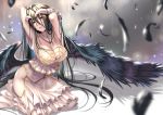  albedo armpits arms_behind_head arms_up bangs bare_shoulders black_hair black_wings blush breasts cleavage collarbone commentary_request demon_girl demon_horns detached_collar dress feathered_wings feathers hair_between_eyes highres hip_vent hips horns kneeling large_breasts long_hair looking_at_viewer overlord_(maruyama) piromizu solo succubus very_long_hair white_dress wings 