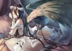  ainz_ooal_gown albedo azomo bed black_hair black_wings chin_rest closed_mouth commentary_request dakimakura_(object) demon_girl demon_tail dress elbow_gloves feathered_wings from_side gloves hair_between_eyes horns long_hair looking_at_viewer looking_to_the_side low_wings on_bed overlord_(maruyama) pillow side_cutout slit_pupils smile solo tail very_long_hair white_dress wings yellow_eyes 