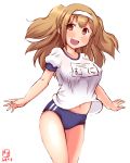  :d alternate_costume artist_logo blue_buruma breasts buruma collarbone covered_nipples dated gym_uniform hairband headband highres i-26_(kantai_collection) jacket kanon_(kurogane_knights) kantai_collection large_breasts light_brown_eyes light_brown_hair long_hair looking_at_viewer name_tag no_bra open_mouth shirt short_sleeves simple_background smile solo track_jacket two_side_up white_background white_shirt 