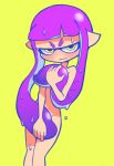  1girl bangs blunt_bangs blush covering covering_breasts covering_crotch domino_mask embarrassed female frown highres inkling long_hair looking_at_viewer mask nintendo nude pointy_ears purple_hair simple_background splatoon standing sweat tentacle_hair yellow_background yellow_eyes yoineko247 