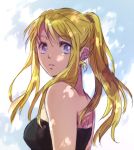  :o bangs bare_shoulders blonde_hair blue_eyes close-up dappled_sunlight expressionless eyebrows_visible_through_hair floating_hair fullmetal_alchemist long_hair looking_back open_mouth ponytail riru solo sunlight tank_top upper_body winry_rockbell 