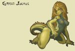  1girl black_skin breasts character_name female great_jagras kneeling long_hair monster_girl monster_hunter monster_hunter:_world muhut nipples nude personification pussy solo tail two-tone_skin uncensored yellow_eyes yellow_skin 