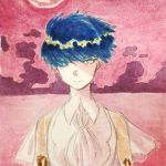  androgynous blue_eyes blue_hair expressionless golden_arms heterochromia hikurage_(hikurage10) houseki_no_kuni looking_at_viewer moon necktie phosphophyllite phosphophyllite_(ll) pink_sky see-through serious short_hair solo spoilers traditional_media upper_body white_eyes wind 