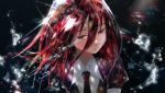  absurdres androgynous colored_eyelashes commentary_request crying crying_with_eyes_open crystal_hair dark_background gem_uniform_(houseki_no_kuni) hair_between_eyes highres houseki_no_kuni long_bangs looking_at_viewer mercury necktie osushimanchan red_eyes red_hair sad shinsha_(houseki_no_kuni) short_hair solo sparkle tears upper_body 