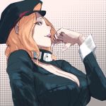  black_bodysuit blonde_hair bodysuit boku_no_hero_academia breasts cleavage collar finger_to_chin green_eyes hat highres large_breasts lips looking_at_viewer looking_to_the_side no_bra parted_lips peaked_cap profile short_hair sketch skin_tight solo ssensenh unzipped utsushimi_kemii 