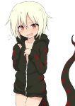  bangs black_hoodie blonde_hair blush cowboy_shot eyebrows_visible_through_hair flying_sweatdrops hair_between_eyes head_tilt highres hood hood_up hoodie long_sleeves looking_at_viewer open_mouth original red_eyes sleeves_past_wrists snake_tail solo sweat tail yakihebi 