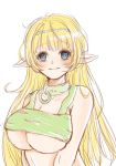  1girl blonde_hair blue_eyes blush breasts cleavage collar crop_top elf eyebrows_visible_through_hair huge_breasts isekai_maou_to_shoukan_shoujo_dorei_majutsu long_hair looking_at_viewer mako_koko no_bra pointy_ears shera_l_greenwood simple_background sketch smile solo torn_clothes underboob upper_body white_background 