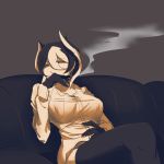  1girl artist_request black_hair breasts brown_eyes cigarette gloves hair_between_eyes highres large_breasts looking_at_viewer made_in_abyss multicolored_hair ozen short_hair simple_background sitting smoking solo thighhighs two-tone_hair white_hair zettai_ryouiki 