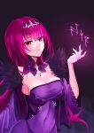  bangs breasts cleavage commentary_request covered_navel dark_background dress eyebrows_visible_through_hair fate/grand_order fate_(series) fur_trim hand_up highres jewelry large_breasts long_hair parted_lips purple_dress purple_hair red_eyes runes scathach_(fate)_(all) scathach_skadi_(fate/grand_order) solo sunday_se7en tiara 