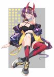  1girl absurdres asymmetrical_legwear bare_shoulders black_shorts breasts character_name choker cleavage collar collarbone fate/grand_order fate_(series) full_body glasses grey_footwear halterneck high-waist_shorts highres horns long_sleeves purple_eyes purple_hair red_legwear round_eyewear shoes short_hair short_shorts shorts shuten_douji_(fate/grand_order) single_thighhigh small_breasts smile sneakers solo thighhighs tsubasa19900920 