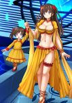  2girls :d arm_up bangle blue_eyes blurry blurry_background blush bracelet breasts brown_hair child cleavage closed_mouth collarbone commentary depth_of_field dress earrings english_commentary fate/grand_order fate_(series) fingernails flower glint hair_flower hair_ornament hand_holding head_tilt highres hoop_earrings indoors jewelry kazenokaze large_breasts long_hair long_sleeves mata_hari_(fate/grand_order) midriff mother_and_daughter multiple_girls nail_polish navel open_mouth orange_pants original pants pants_under_dress red_flower red_footwear red_nails shoes skirt smile twintails two_side_up very_long_hair yellow_dress yellow_skirt 