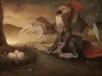  2013 amber_eyes avian beak black_beak digital_media_(artwork) egg feral fur grey_fur gryphon maplespyder paws sitting solo 