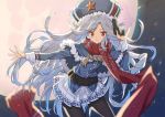  black_legwear blurry capelet closed_mouth commentary depth_of_field full_moon fur_trim girls_frontline grey_hair gun hand_up handgun hat legs_apart long_hair looking_at_viewer makarov_(girls_frontline) makarov_pm moon night outdoors pantyhose pleated_skirt red_scarf saitou_masatsugu scarf silver_hair skirt smile solo uniform very_long_hair weapon white_skirt 