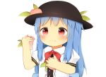  antidote blue_hair blush bow bowtie closed_mouth commentary_request eating eyebrows_visible_through_hair food fruit hat hinanawi_tenshi long_hair partial_commentary peach puffy_short_sleeves puffy_sleeves red_eyes saliva short_sleeves simple_background solo touhou white_hair 