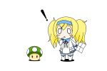  0_0 1girl 1up absurdres blonde_hair blue_eyes blue_hairband chibi commentary_request crossover dress gambier_bay_(kantai_collection) hairband highres kantai_collection kinoko_(benitengudake) map_(object) mario_(series) mushroom sailor_dress simple_background solo super_mario_bros. thighhighs twintails white_background white_legwear 