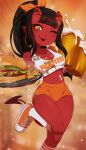  alcohol beer beverage breasts burger cleavage clothed clothing demon ear_piercing female food horn humanoid looking_at_viewer meru_(merunyaa) merunyaa midriff not_furry piercing red_skin solo succubus tongue tongue_out 