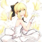  :o ahoge artoria_pendragon_(all) bangs bare_shoulders black_bow blonde_hair blush bow commentary dress eyebrows_visible_through_hair fate/stay_night fate/unlimited_codes fate_(series) flower gloves green_eyes hair_between_eyes hair_bow holding holding_flower looking_at_viewer looking_to_the_side parted_lips pleated_dress ponytail rocm_(nkkf3785) saber_lily sidelocks sleeveless sleeveless_dress solo twitter_username white_background white_dress white_flower white_gloves yellow_flower 