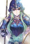  1girl armor belt blue_armor blue_eyes breastplate closed_mouth commentary_request detached_sleeves fingerless_gloves fire_emblem fire_emblem:_souen_no_kiseki gloves green_eyes green_hair helmet holding holding_shield holding_spear holding_weapon kokouno_oyazi light_green_hair long_hair nephenee nintendo polearm shield solo spear standing weapon 