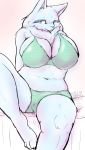  2018 anthro big_breasts breasts canine cleavage clothed clothing cocolog female fur green_eyes huge_breasts kemono looking_at_viewer mammal open_mouth roko_(cocolog) sitting solo thick_thighs underwear white_fur wolf 