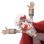  :o absurdres android arms_up beret bow cape eyebrows_visible_through_hair flower hana_(xenoblade) hat hat_bow highres lily_(flower) looking_at_viewer open_mouth orange_eyes ponpo purple_hair red_bow red_cape robot_joints short_hair short_twintails solo twintails white_flower white_hat xenoblade_(series) xenoblade_2 