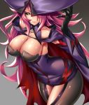  black_sclera blazblue breasts cape cleavage closed_mouth detached_collar detached_sleeves dress gradient gradient_background hair_over_one_eye hand_on_headwear hat highres konoe_a_mercury large_breasts long_hair long_sleeves looking_at_viewer pantyhose pink_hair purple_dress purple_hat short_dress smile solo takanashi-a thighs very_long_hair wide_sleeves yellow_eyes 