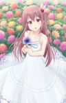  :d alternate_costume bare_shoulders brown_hair dress eyebrows_visible_through_hair flower from_above garden hair_ornament highres holding holding_flower kantai_collection kisaragi_(kantai_collection) long_hair looking_at_viewer minakami_mimimi open_mouth purple_eyes sleeveless sleeveless_dress smile solo white_dress 