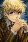  blonde_hair empty_eyes formal gendou_pose hands_clasped hankuri hunter_x_hunter interlocked_fingers looking_at_viewer male_focus necktie own_hands_together pariston_hill smile striped_suit suit 