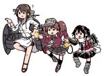  black_gloves black_skirt brown_hair commentary_request double-breasted elbow_gloves fairy_(kantai_collection) fingerless_gloves flat_color full_body genba_neko gloves hair_ornament haruna_(kantai_collection) hood hoodie japanese_clothes kantai_collection kariginu magatama meme multiple_girls neckerchief pointing remodel_(kantai_collection) ryuujou_(kantai_collection) scarf school_uniform sendai_(kantai_collection) serafuku shikigami simple_background single_thighhigh skirt standing standing_on_one_leg terrajin thighhighs twintails two_side_up visor_cap white_background white_scarf 