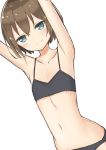  armpits arms_up bangs bare_shoulders bikini black_bikini blue_eyes blush breasts brown_hair closed_mouth collarbone commentary_request coraman dutch_angle eyebrows_visible_through_hair hair_between_eyes highres looking_at_viewer navel original short_hair simple_background small_breasts smile solo swimsuit white_background 