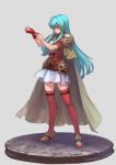  adjusting_clothes adjusting_gloves aqua_eyes aqua_hair armor aureolin31 breastplate brown_cape closed_mouth commentary_request earrings eirika eyebrows_visible_through_hair faulds faux_figurine fingerless_gloves fire_emblem fire_emblem:_seima_no_kouseki gloves highres jewelry long_hair miniskirt pauldrons red_footwear red_gloves red_legwear red_shirt shirt shoes short_sleeves shoulder_armor sidelocks signature single_fingerless_glove single_glove skirt solo thighhighs very_long_hair zettai_ryouiki 
