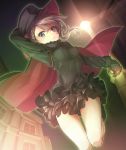  ange_(princess_principal) arm_up bangs black_cape black_dress black_footwear black_gloves black_hat blue_eyes boots breasts brown_hair cape cavorite_ball closed_mouth commentary_request dress dutch_angle eyebrows_visible_through_hair fur-trimmed_sleeves fur_trim gloves hair_between_eyes hand_on_headwear hat holding konnyaku_(kk-monmon) long_sleeves looking_at_viewer multicolored multicolored_cape multicolored_clothes night night_sky outdoors princess_principal red_cape sky small_breasts solo v-shaped_eyebrows 
