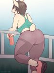  anthro athletic big_butt butt clothed clothing colored_nails crossdressing girly glopossum lagomorph looking_back male mammal open_mouth panting panty_lines rabbit shirt sneakers solo standing sweat tank_top thick_thighs underwear water_bottle yoga_pants 
