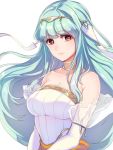  1girl bare_shoulders blue_hair breasts bride cleavage commentary dress elbow_gloves fire_emblem fire_emblem:_rekka_no_ken fire_emblem_heroes formal gloves hair_ornament jewelry kokouno_oyazi large_breasts long_hair looking_at_viewer mamkute necklace ninian nintendo red_eyes sidelocks simple_background smile solo strapless strapless_dress wedding_dress white_dress white_gloves 